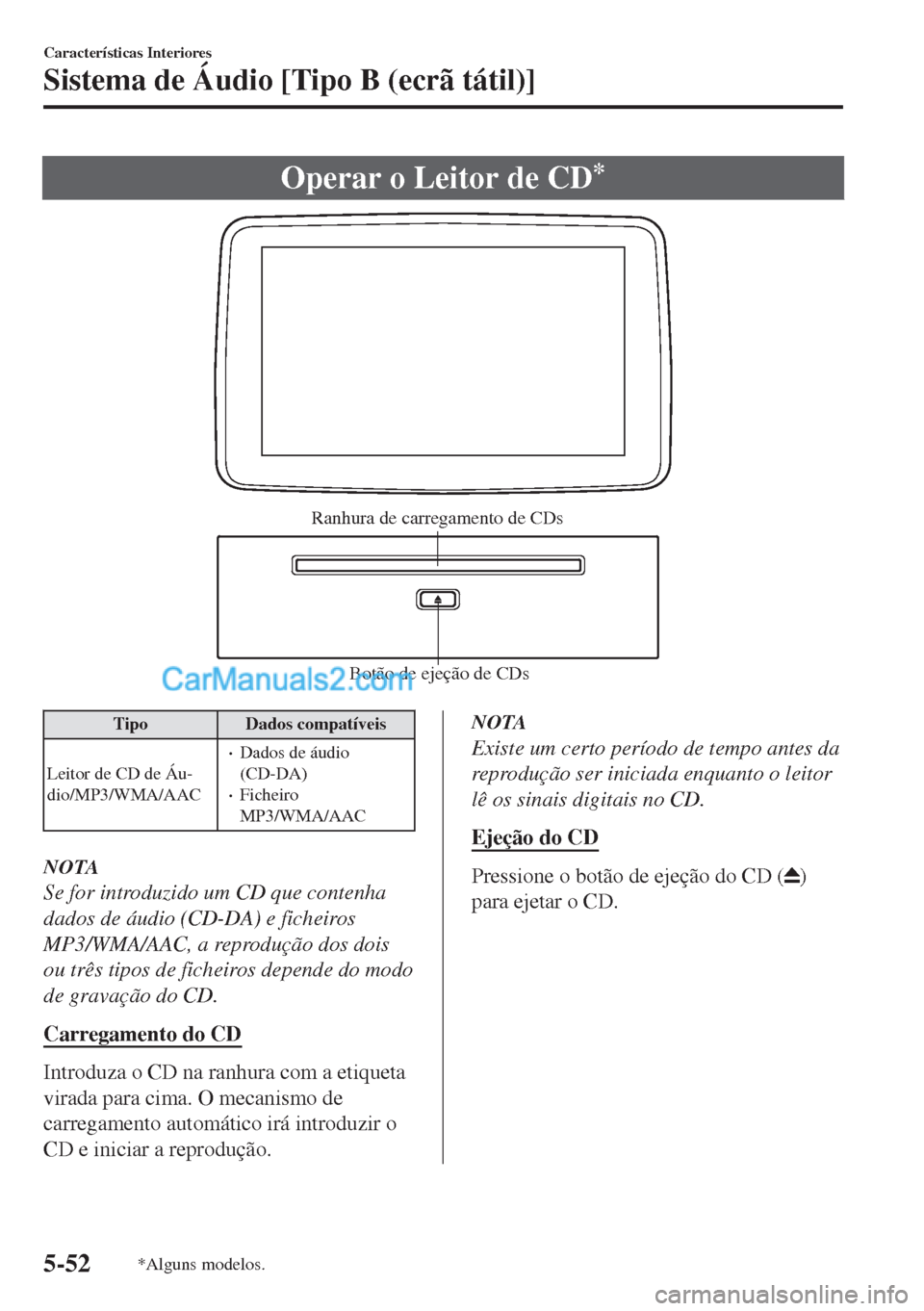 MAZDA MODEL MX-5 2018  Manual do proprietário (in Portuguese) Operar o Leitor de CD*
Botão de ejeção de CDs Ranhura de carregamento de CDs
Tipo Dados compatíveis
Leitor de CD de Áu-
dio/MP3/WMA/AAC
•Dados de áudio
(CD-DA)
•Ficheiro
MP3/WMA/AAC
NOTA
Se 