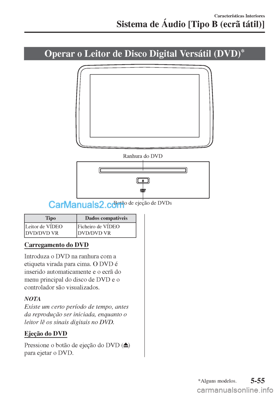 MAZDA MODEL MX-5 2018  Manual do proprietário (in Portuguese) Operar o Leitor de Disco Digital Versátil (DVD)*
Botão de ejeção de DVDs Ranhura do DVD
Tipo Dados compatíveis
Leitor de VÍDEO
DVD/DVD VRFicheiro de VÍDEO
DVD/DVD VR
Carregamento do DVD
Introdu