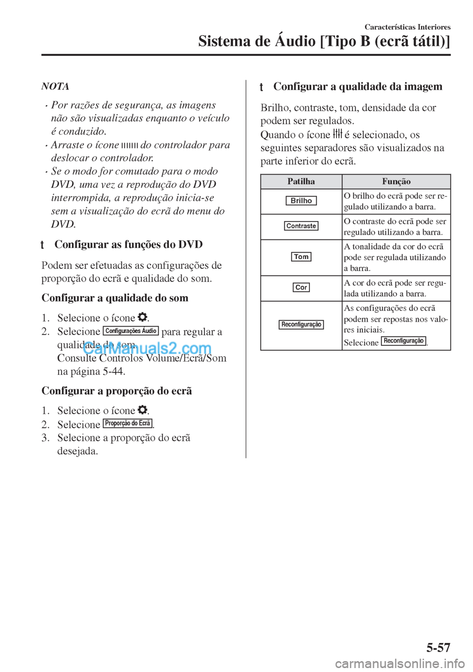 MAZDA MODEL MX-5 2018  Manual do proprietário (in Portuguese) NOTA
•Por razões de segurança, as imagens
não são visualizadas enquanto o veículo
é conduzido.
•Arraste o ícone  do controlador para
deslocar o controlador.
•Se o modo for comutado para o