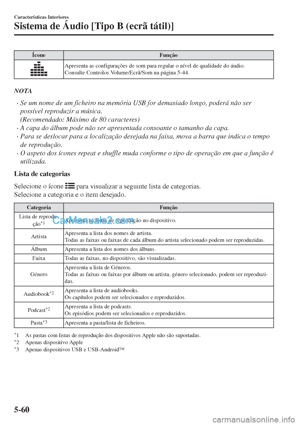 MAZDA MODEL MX-5 2018  Manual do proprietário (in Portuguese) Ícone Função
Apresenta as configurações de som para regular o nível de qualidade do áudio.
Consulte Controlos Volume/Ecrã/Som na página 5-44.
NOTA
•Se um nome de um ficheiro na memória USB