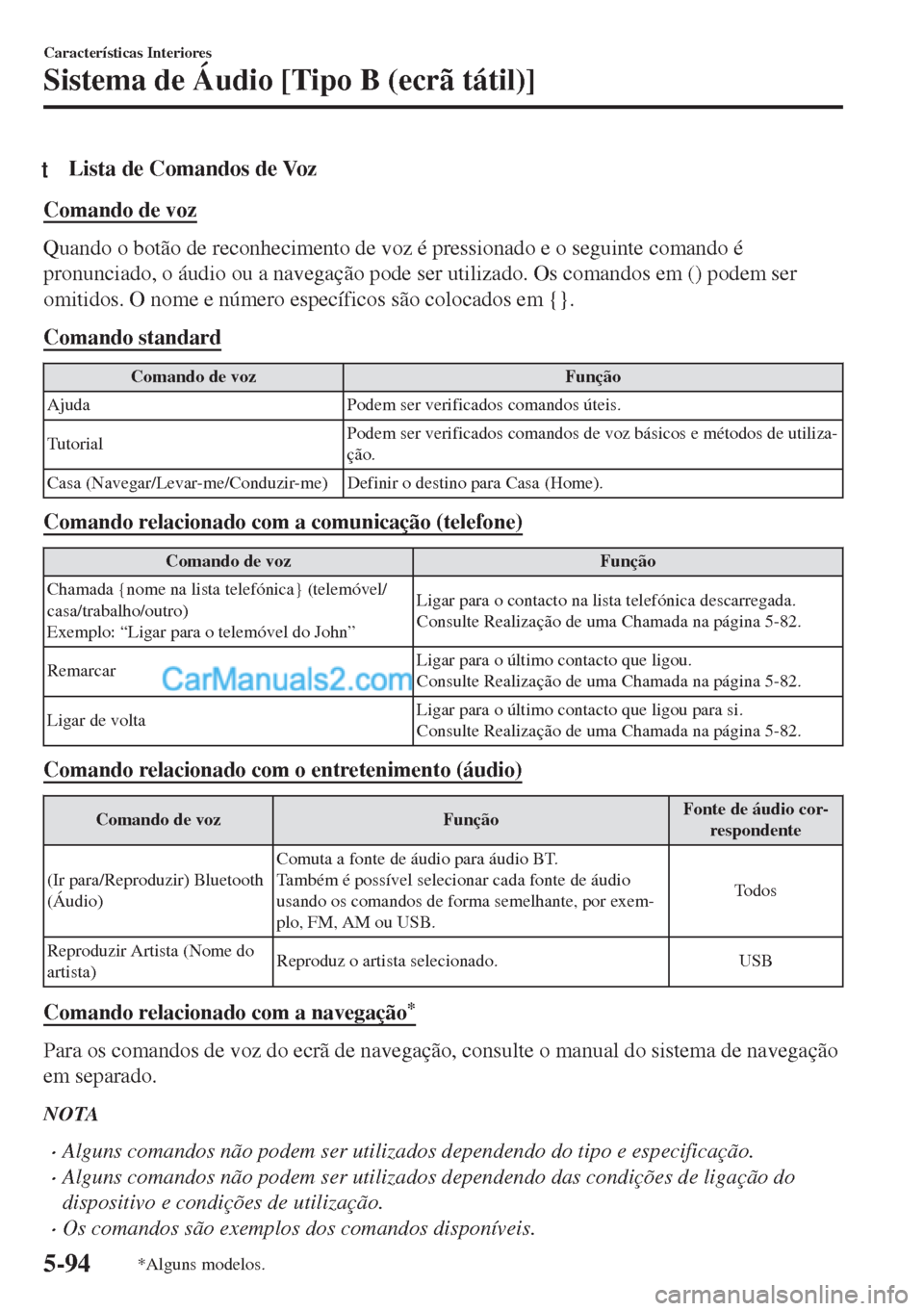 MAZDA MODEL MX-5 2018  Manual do proprietário (in Portuguese) tLista de Comandos de Voz
Comando de voz
Quando o botão de reconhecimento de voz é pressionado e o seguinte comando é
pronunciado, o áudio ou a navegação pode ser utilizado. Os comandos em () po