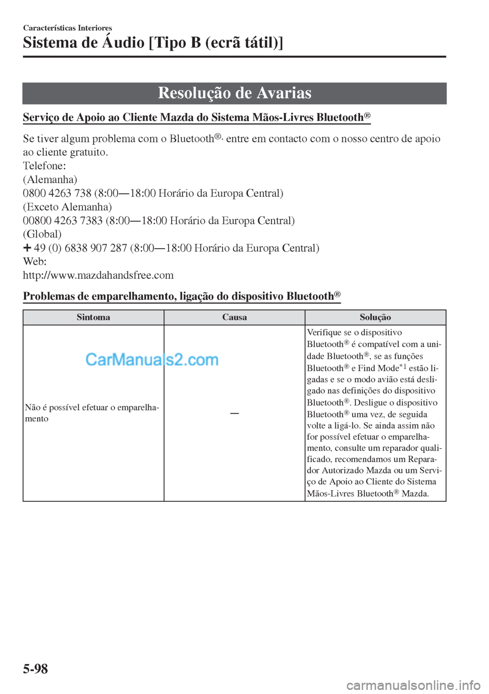 MAZDA MODEL MX-5 2018  Manual do proprietário (in Portuguese) Resolução de Avarias
Serviço de Apoio ao Cliente Mazda do Sistema Mãos-Livres Bluetooth®
Se tiver algum problema com o Bluetooth®, entre em contacto com o nosso centro de apoio
ao cliente gratui