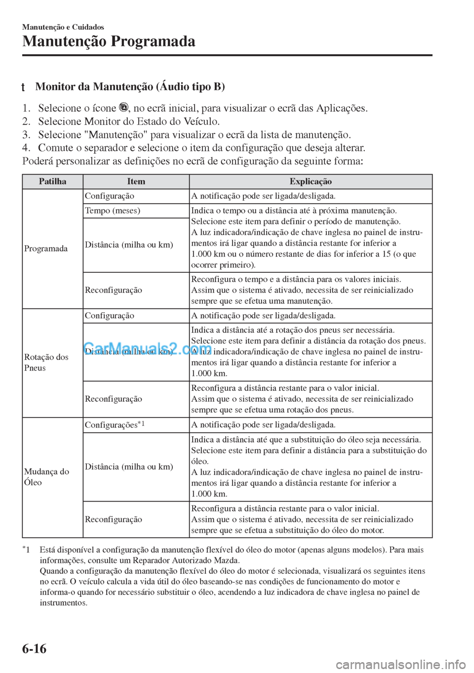 MAZDA MODEL MX-5 2018  Manual do proprietário (in Portuguese) tMonitor da Manutenção (Áudio tipo B)
1. Selecione o ícone , no ecrã inicial, para visualizar o ecrã das Aplicações.
2. Selecione Monitor do Estado do Veículo.
3. Selecione "Manutenção" par