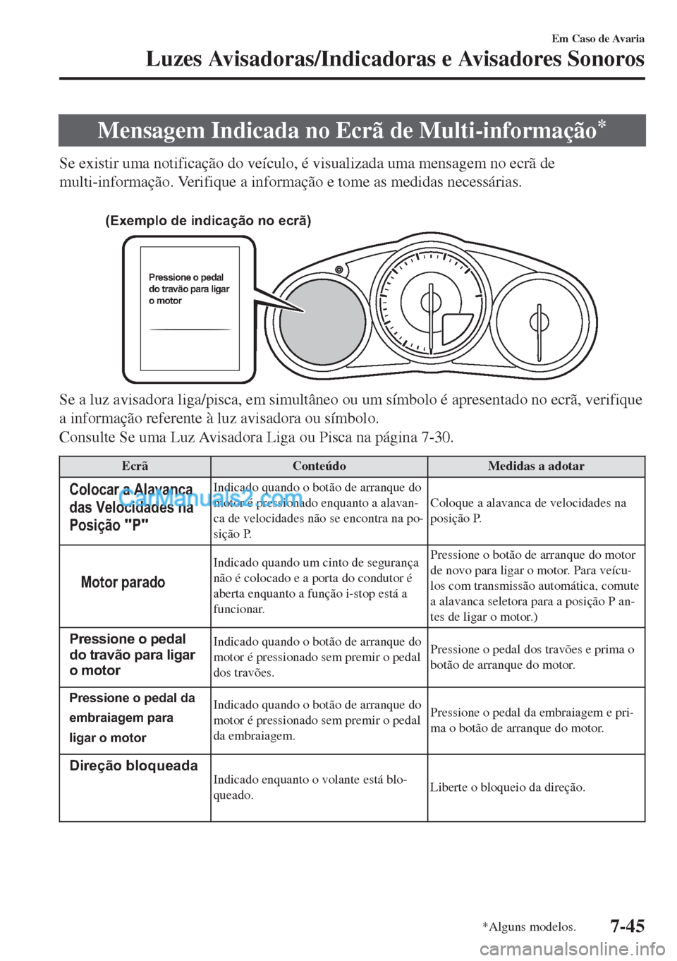 MAZDA MODEL MX-5 2018  Manual do proprietário (in Portuguese) Mensagem Indicada no Ecrã de Multi-informação*
Se existir uma notificação do veículo, é visualizada uma mensagem no ecrã de
multi-informação. Verifique a informação e tome as medidas neces