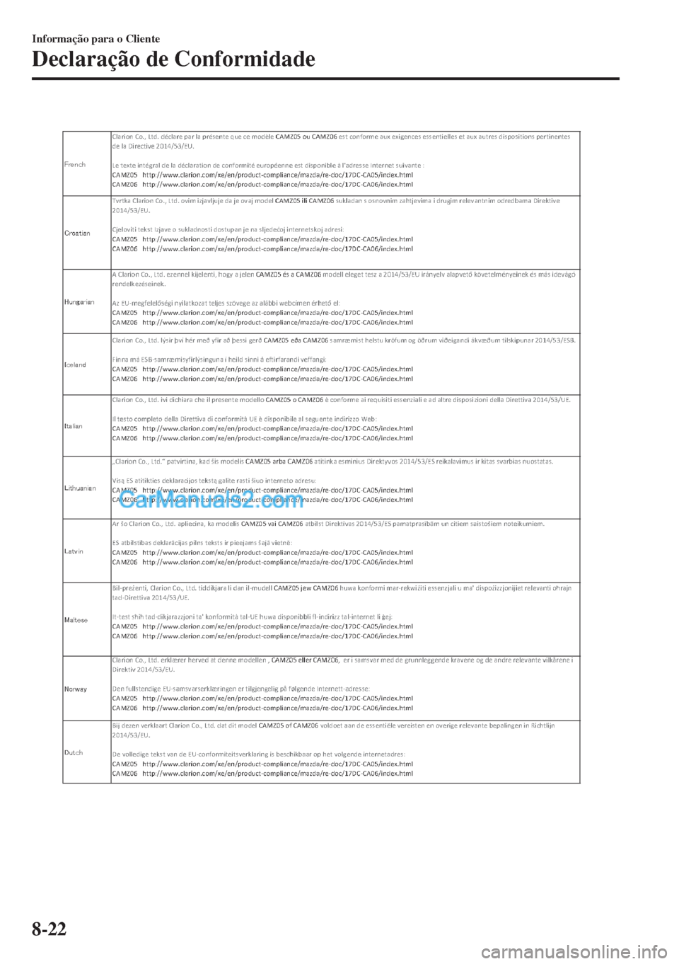 MAZDA MODEL MX-5 2018  Manual do proprietário (in Portuguese) Informação para o Cliente
Declaração de Conformidade
8-22  