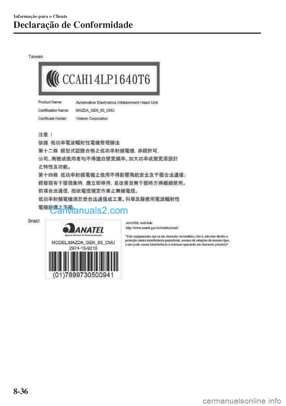 MAZDA MODEL MX-5 2018  Manual do proprietário (in Portuguese) Informação para o Cliente
Declaração de Conformidade
8-36  