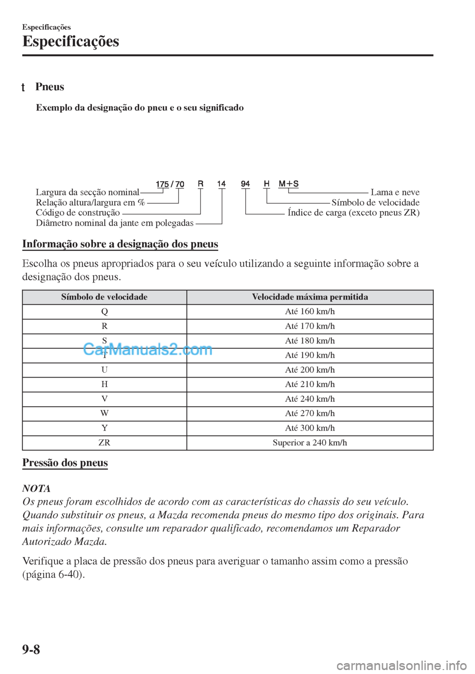 MAZDA MODEL MX-5 2018  Manual do proprietário (in Portuguese) tPneus
Exemplo da designação do pneu e o seu significado
Largura da secção nominal
Relação altura/largura em %
Código de construçãoLama e neve
Símbolo de velocidade
Índice de carga (exceto 