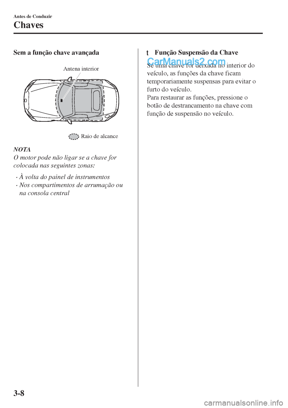 MAZDA MODEL MX-5 2018  Manual do proprietário (in Portuguese) Sem a função chave avançada
 
Raio de alcance Antena interior
NOTA
O motor pode não ligar se a chave for
colocada nas seguintes zonas:
•À volta do painel de instrumentos
•Nos compartimentos d