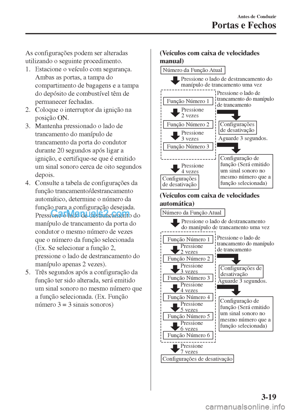 MAZDA MODEL MX-5 2018  Manual do proprietário (in Portuguese) As configurações podem ser alteradas
utilizando o seguinte procedimento.
1. Estacione o veículo com segurança.
Ambas as portas, a tampa do
compartimento de bagagens e a tampa
do depósito de combu