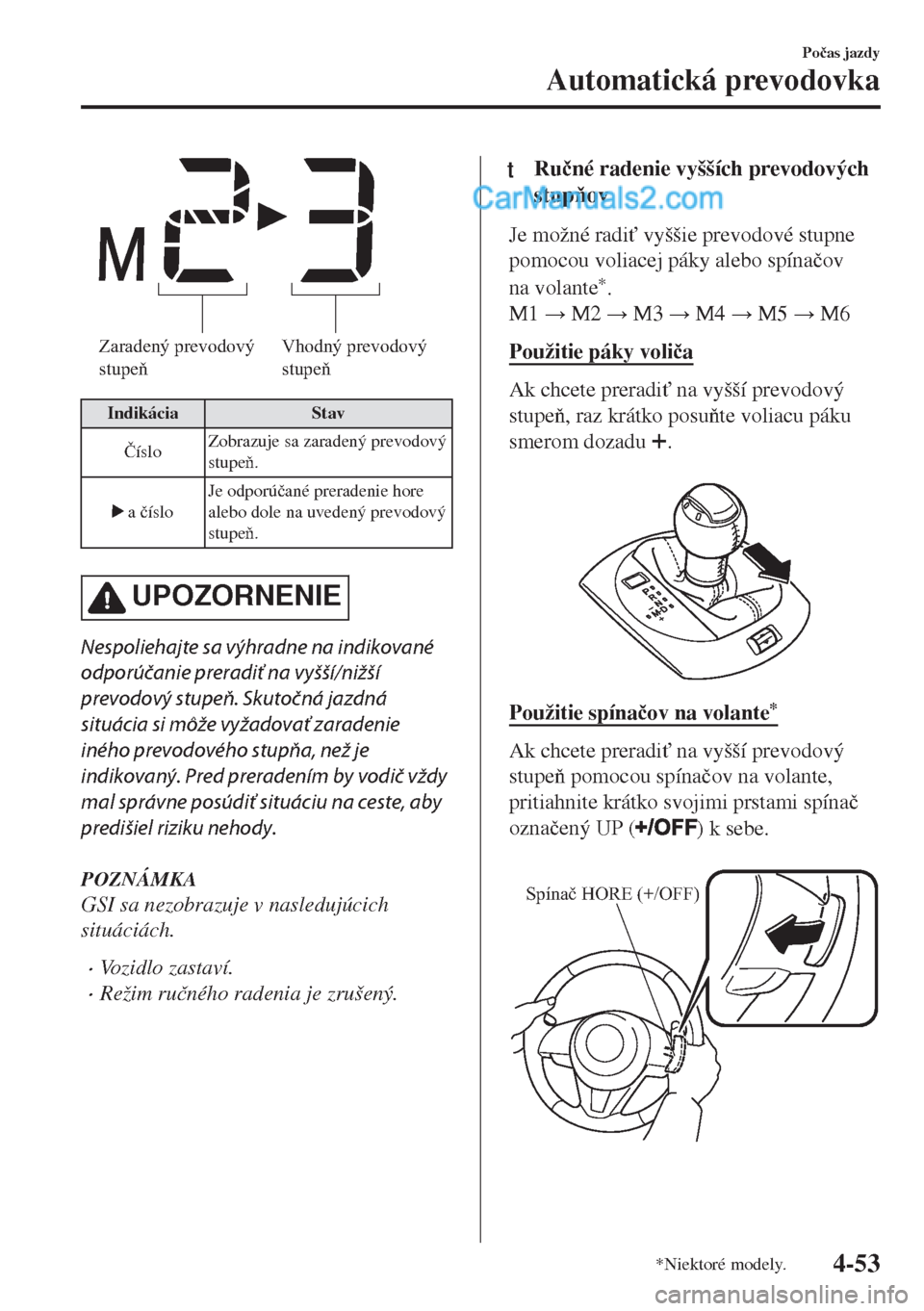 MAZDA MODEL MX-5 2018  Užívateľská príručka (in Slovak) Zaradený prevodový 
stupeňVhodný prevodový 
stupeň
Indikácia Stav
�ýísloZobrazuje sa zaradený prevodový
stupe.
 a �þísloJe odporú�þané preradenie hore
alebo dole na uvedený prevodov