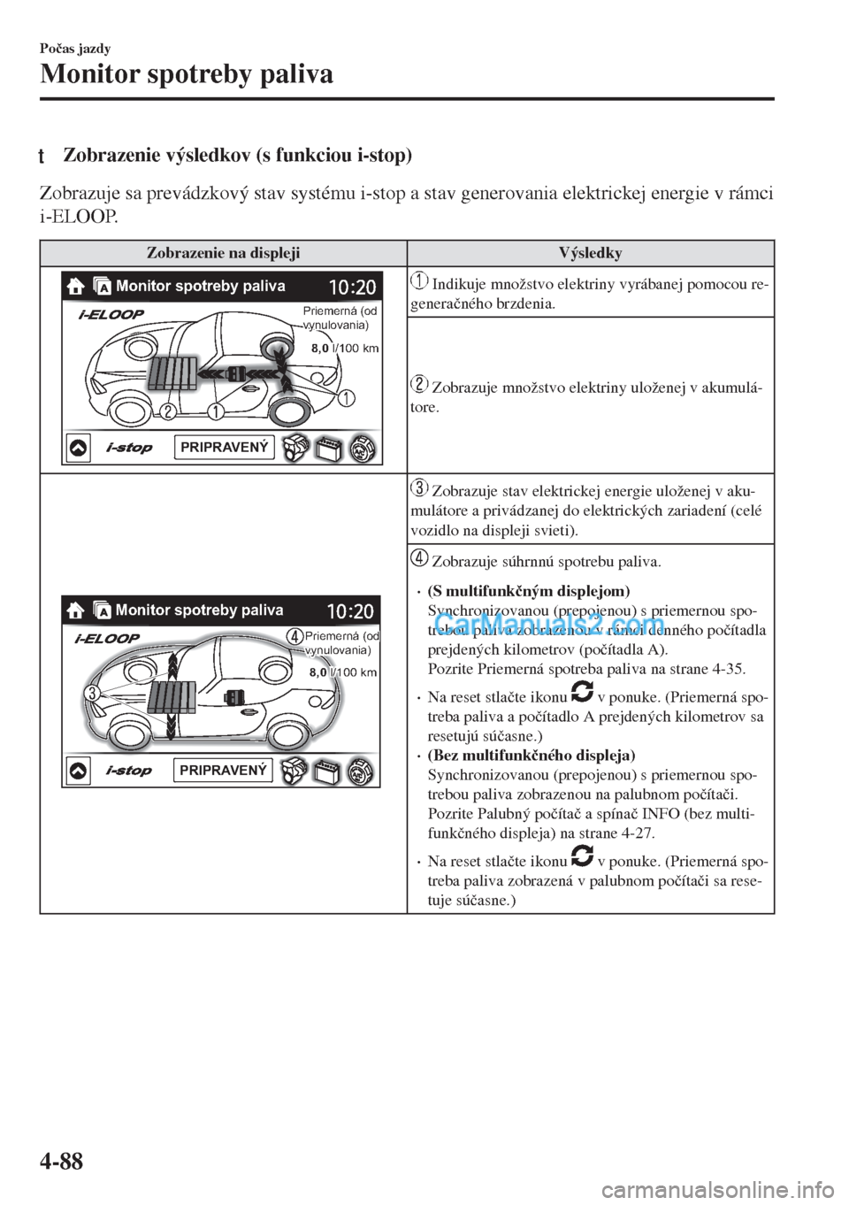 MAZDA MODEL MX-5 2018  Užívateľská príručka (in Slovak) tZobrazenie výsledkov (s funkciou i-stop)
Zobrazuje sa prevádzkový stav systému i-stop a stav generovania elektrickej energie v rámci
i-ELOOP.
Zobrazenie na displeji Výsledky
Monitor spotreby pa