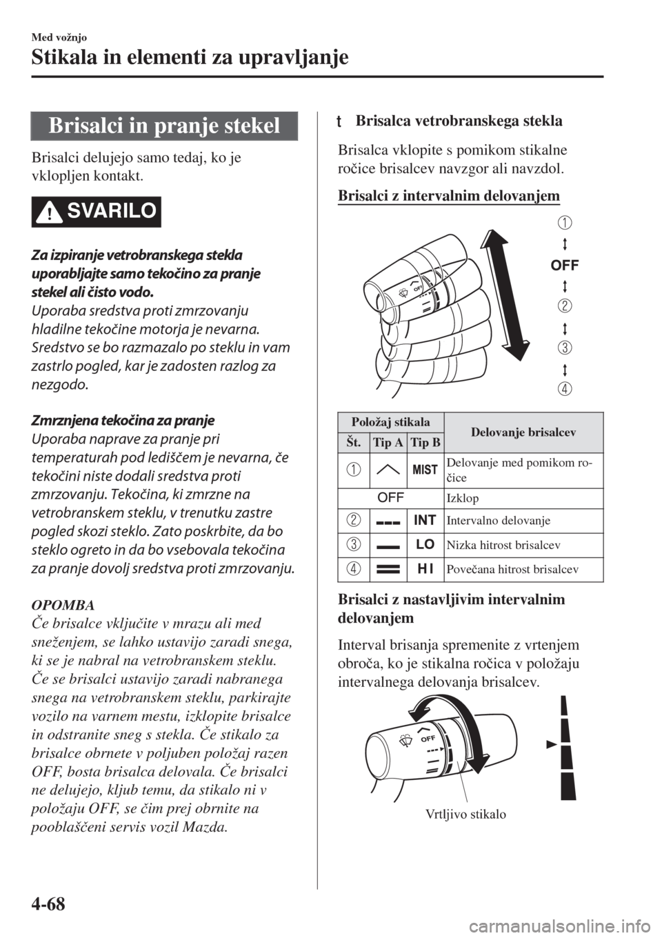 MAZDA MODEL MX-5 2018  Priročnik za lastnika (in Slovenian) Brisalci in pranje stekel
Brisalci delujejo samo tedaj, ko je
vklopljen kontakt.
SVARILO
Za izpiranje vetrobranskega stekla
uporabljajte samo tekočino za pranje
stekel ali čisto vodo.
Uporaba sredst