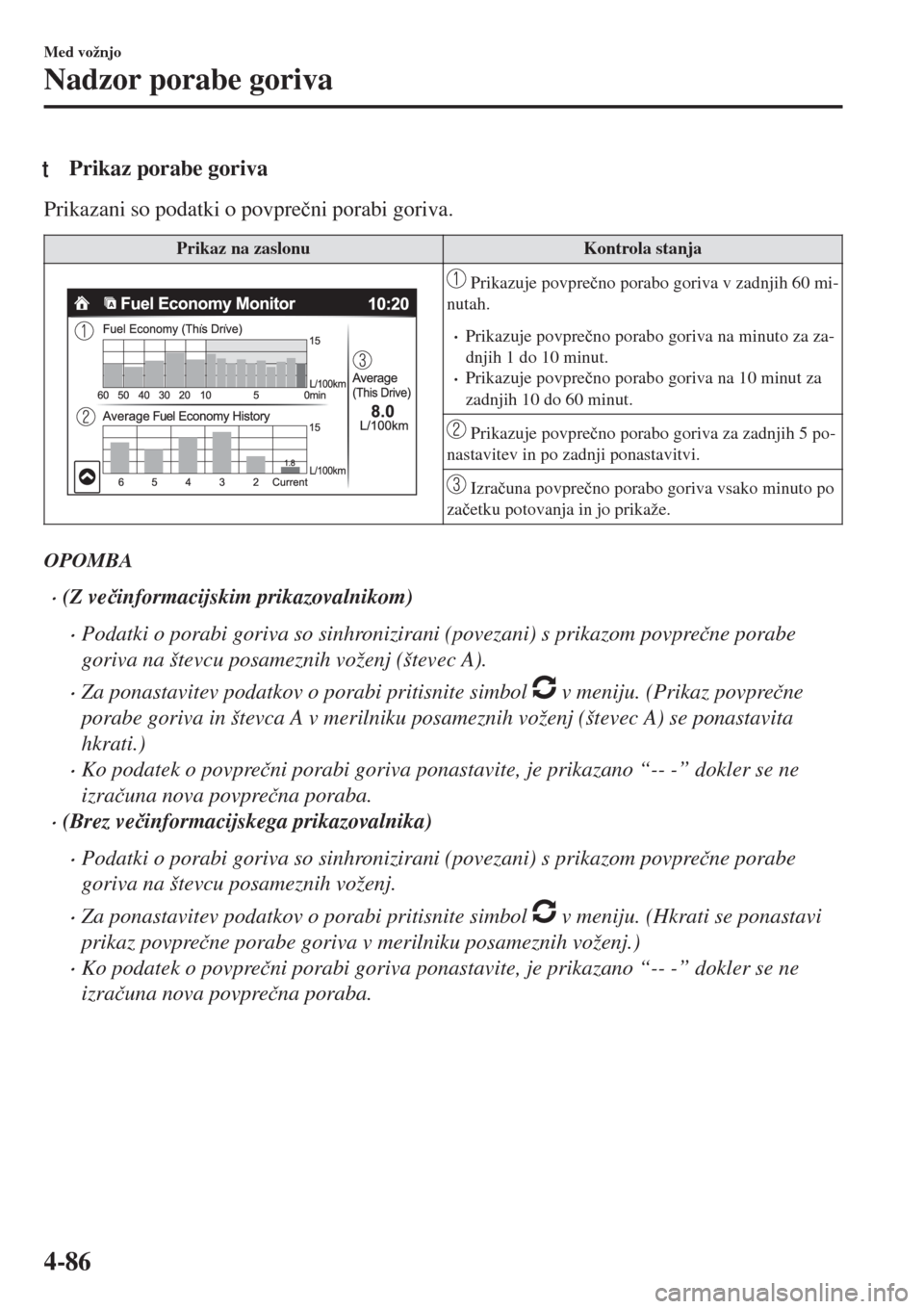 MAZDA MODEL MX-5 2018  Priročnik za lastnika (in Slovenian) tPrikaz porabe goriva
Prikazani so podatki o povpre�þni porabi goriva.
Prikaz na zaslonu Kontrola stanja
 Prikazuje povpre�þno porabo goriva v zadnjih 60 mi-
nutah.
•Prikazuje povpre�þno porabo g