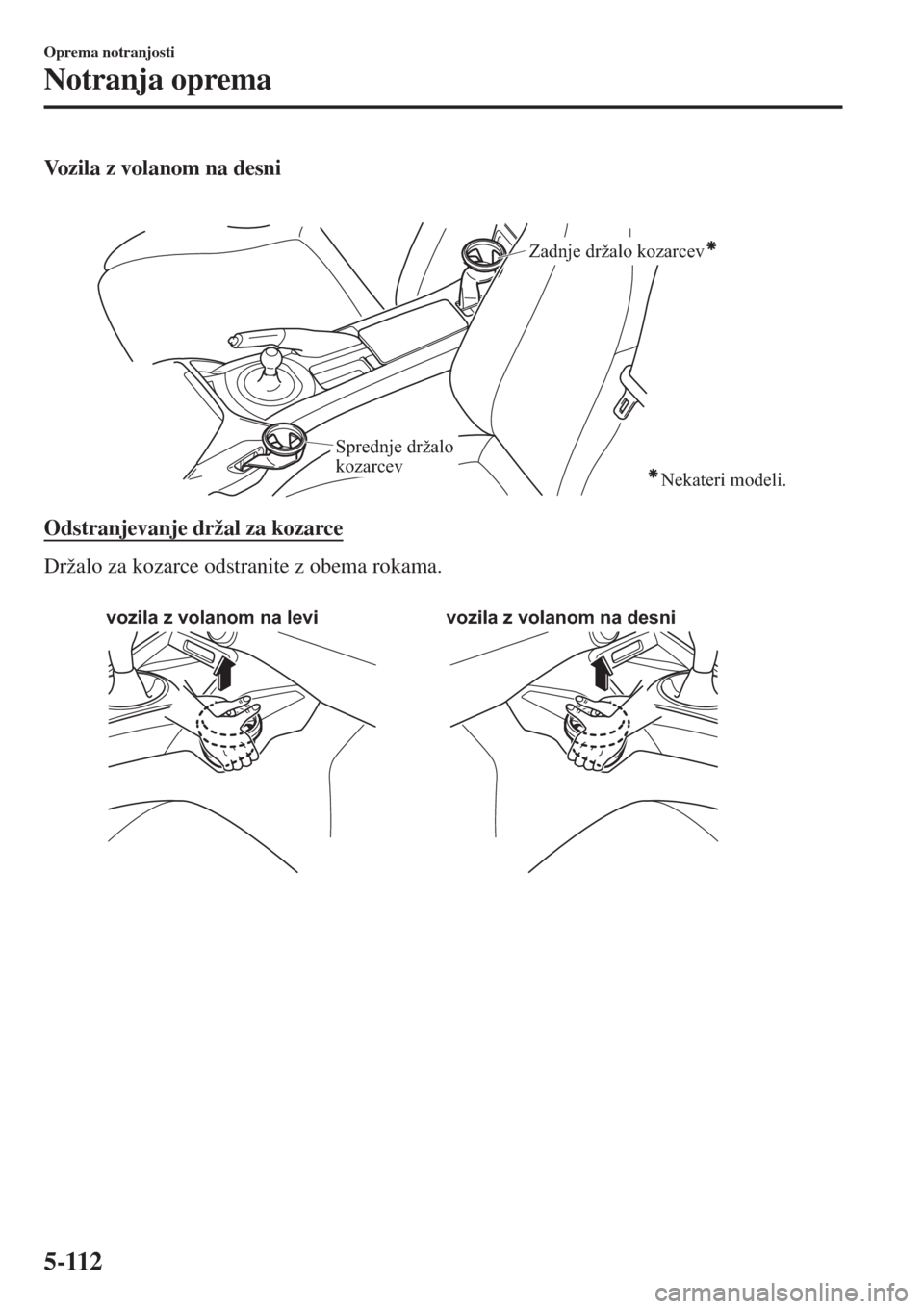 MAZDA MODEL MX-5 2018  Priročnik za lastnika (in Slovenian) Vozila z volanom na desni
 
Zadnje držalo kozarcev
Sprednje držalo 
kozarcev
Nekateri modeli.
Odstranjevanje držal za kozarce
Držalo za kozarce odstranite z obema rokama.
 
vozila z volanom na lev