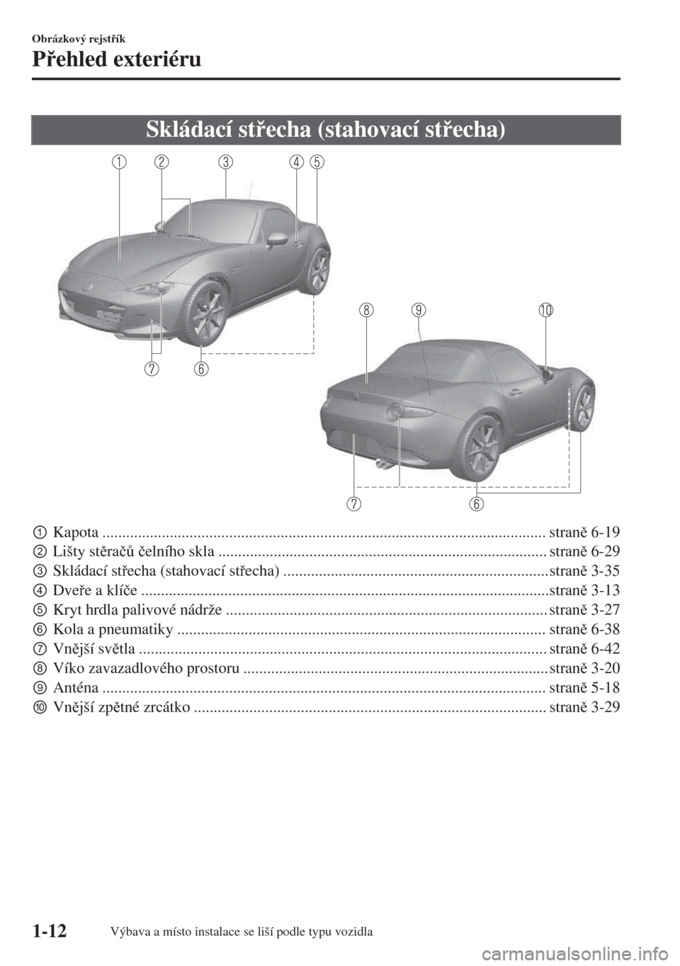 MAZDA MODEL MX-5 2018  Návod k obsluze (in Czech) Skládací stecha (stahovací stecha)
pKapota ................................................................................................................ stran 6-19
qLišty stra�þ$ �