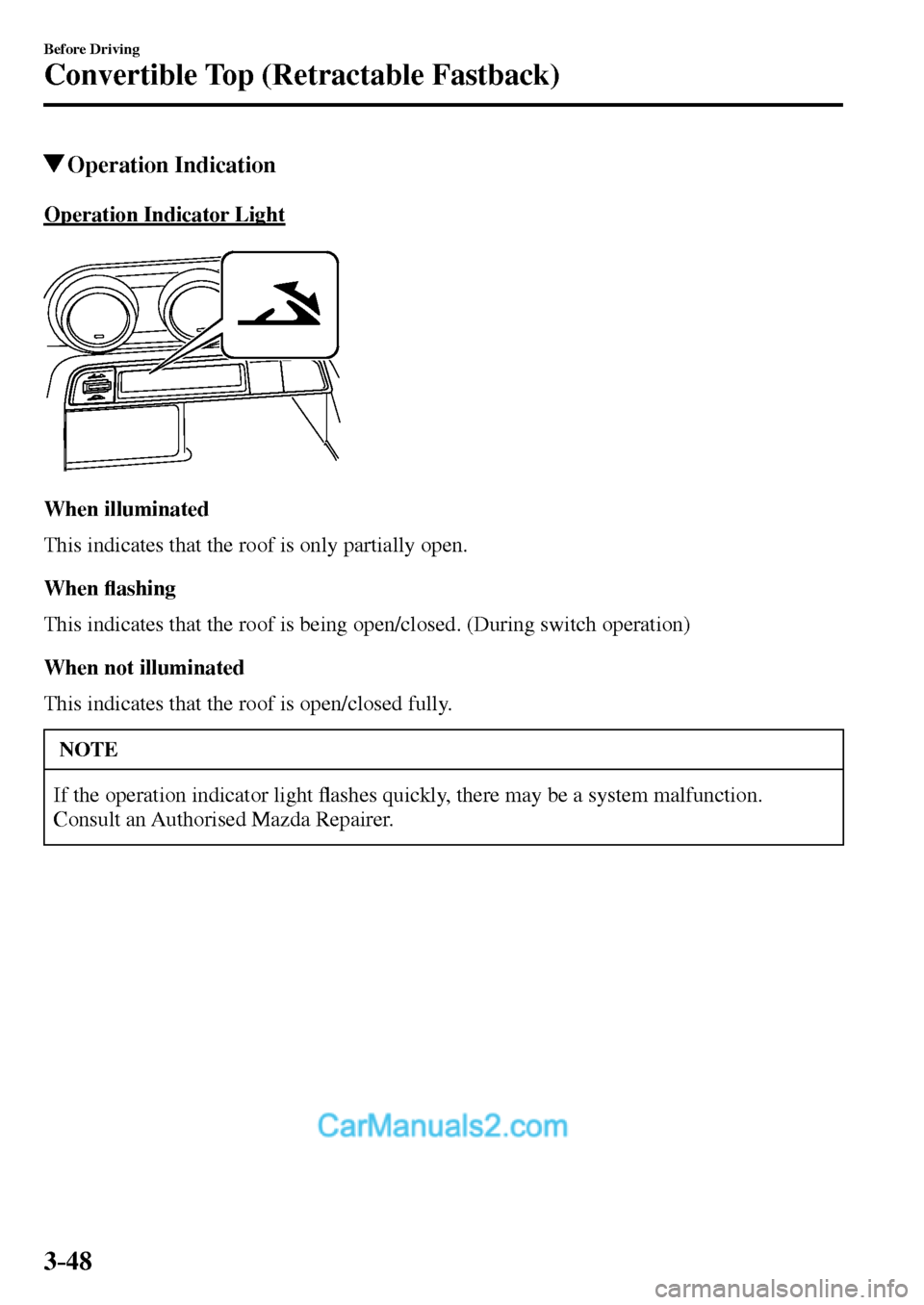 MAZDA MODEL MX-5 2017  Owners Manual - RHD (UK, Australia) (in English) 3–48
Before Driving
Convertible Top (Retractable Fastback)
 Operation  Indication
    Operation  Indicator  Light
  When  illuminated
    This indicates that the roof is only partially open.
  When 