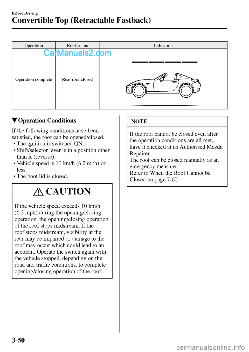 MAZDA MODEL MX-5 2017  Owners Manual - RHD (UK, Australia) (in English) 3–50
Before Driving
Convertible Top (Retractable Fastback)
Operation Roof status  Indication 
 Operation complete   Rear roof closed 
 Operation  Conditions
    If the following conditions have been