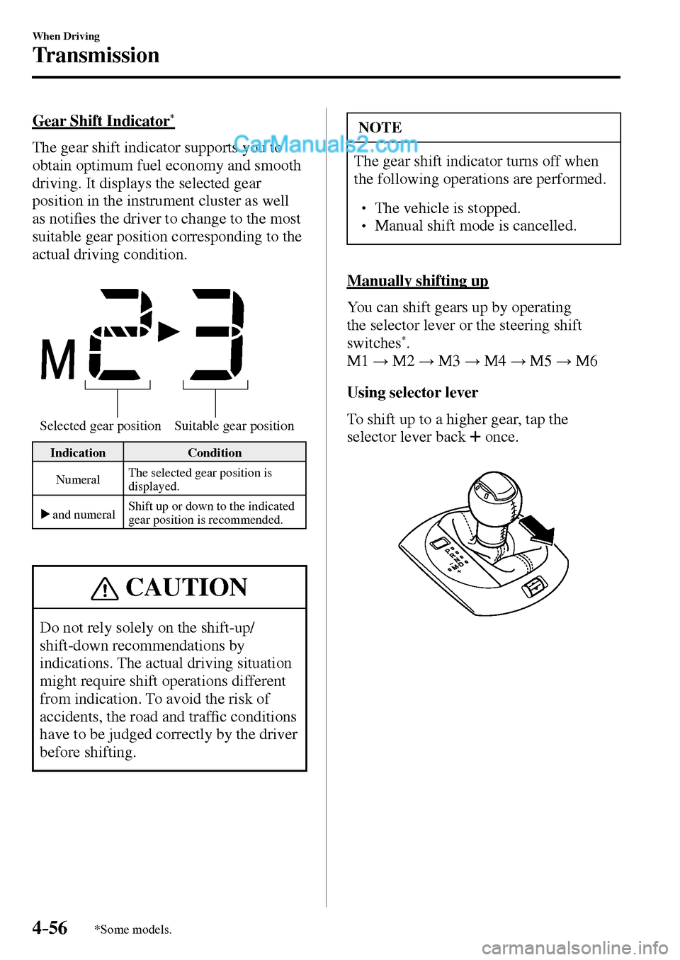 MAZDA MODEL MX-5 2017  Owners Manual - RHD (UK, Australia) (in English) 4–56
When Driving
Transmission
*Some models.
  Gear  Shift  Indicator *
    The gear shift indicator supports you to 
obtain optimum fuel economy and smooth 
driving. It displays the selected gear 
