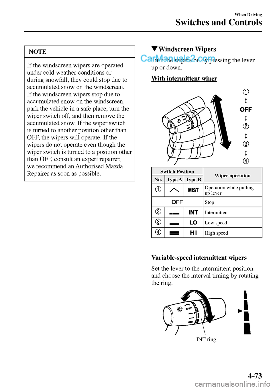MAZDA MODEL MX-5 2017  Owners Manual - RHD (UK, Australia) (in English) 4–73
When Driving
Switches and Controls
 NOTE
 If the windscreen wipers are operated 
under cold weather conditions or 
during snowfall, they could stop due to 
accumulated snow on the windscreen. 
