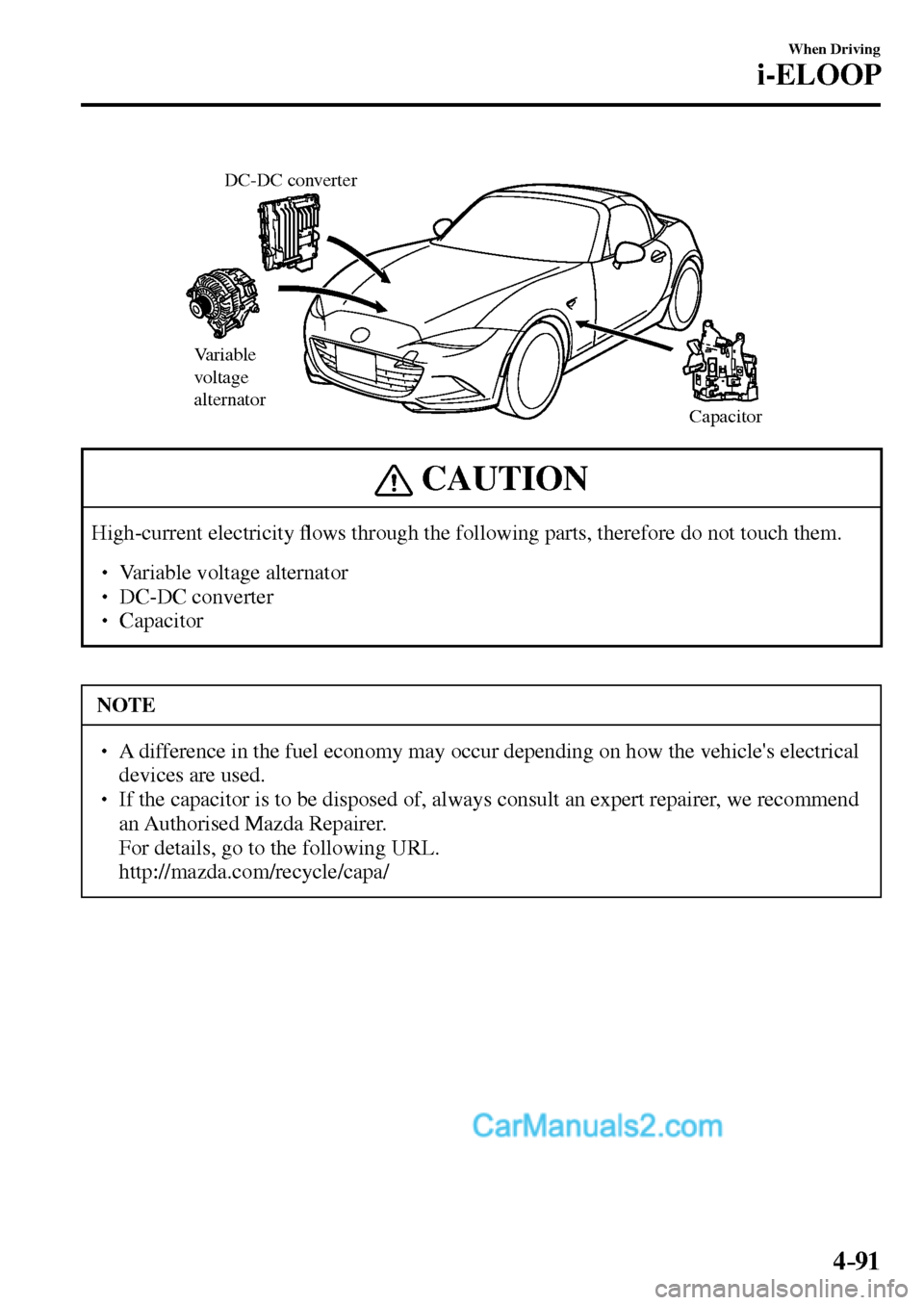 MAZDA MODEL MX-5 2017  Owners Manual - RHD (UK, Australia) (in English) 4–91
When Driving
i-ELOOP
Variable 
voltage 
alternator
Capacitor DC-DC converter
 CAUTION
 High-current  electricity �À ows through the following parts, therefore do not touch them. 
�
�
� �� 