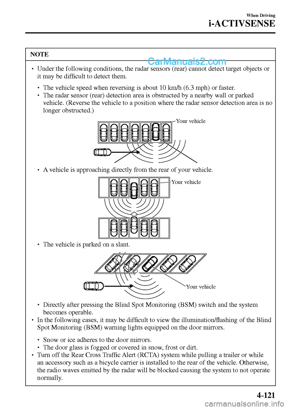 MAZDA MODEL MX-5 2017  Owners Manual - RHD (UK, Australia) (in English) 4–121
When Driving
i-ACTIVSENSE
 NOTE
� � ��  Under the following conditions, the radar sensors (rear) cannot detect target objects or 
it may be dif�¿ cult to detect them. 
�
�
�
�
� ��  