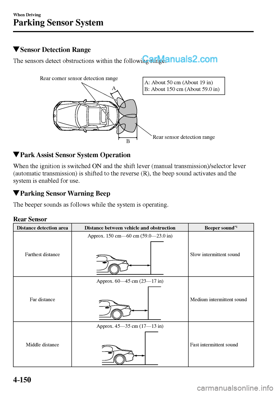 MAZDA MODEL MX-5 2017  Owners Manual - RHD (UK, Australia) (in English) 4–150
When Driving
Parking Sensor System
 Sensor Detection Range
            The  sensors  detect  obstructions  within  the  following  range.
Rear sensor detection range Rear corner sensor detecti