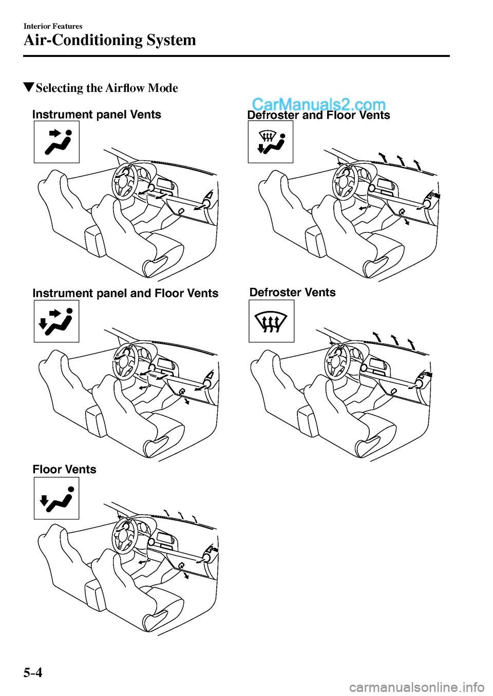 MAZDA MODEL MX-5 2017  Owners Manual - RHD (UK, Australia) (in English) 5–4
Interior Features
Air-Conditioning System
 Selecting  the  Air�À ow Mode
Instrument panel Vents
Instrument panel and Floor Vents
Floor VentsDefroster and Floor Vents
Defroster Vents
�/�:���A�