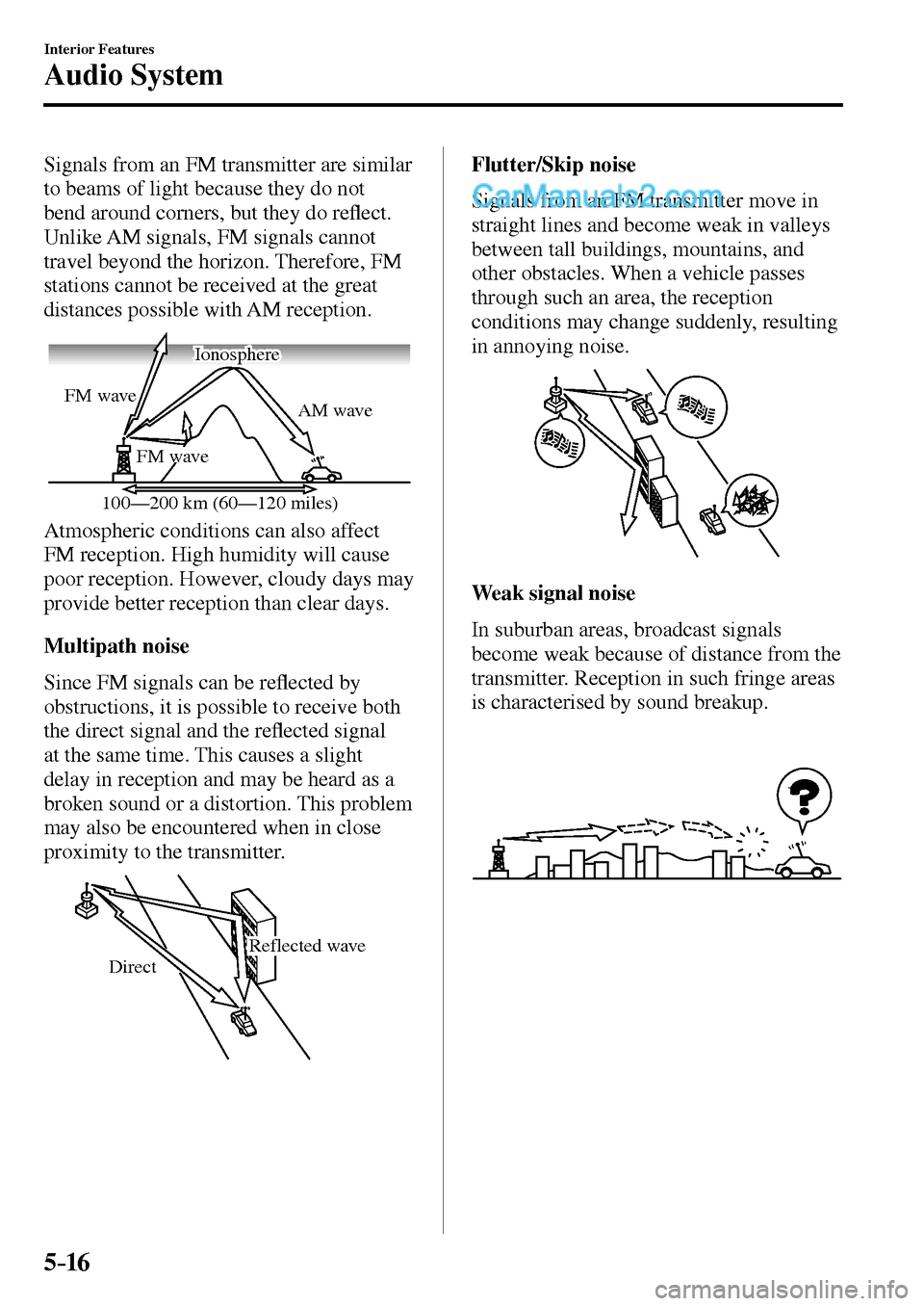 MAZDA MODEL MX-5 2017  Owners Manual - RHD (UK, Australia) (in English) 5–16
Interior Features
Audio System
  Signals from an FM transmitter are similar 
to beams of light because they do not 
bend around corners, but they do re�À ect. 
Unlike AM signals, FM signals ca