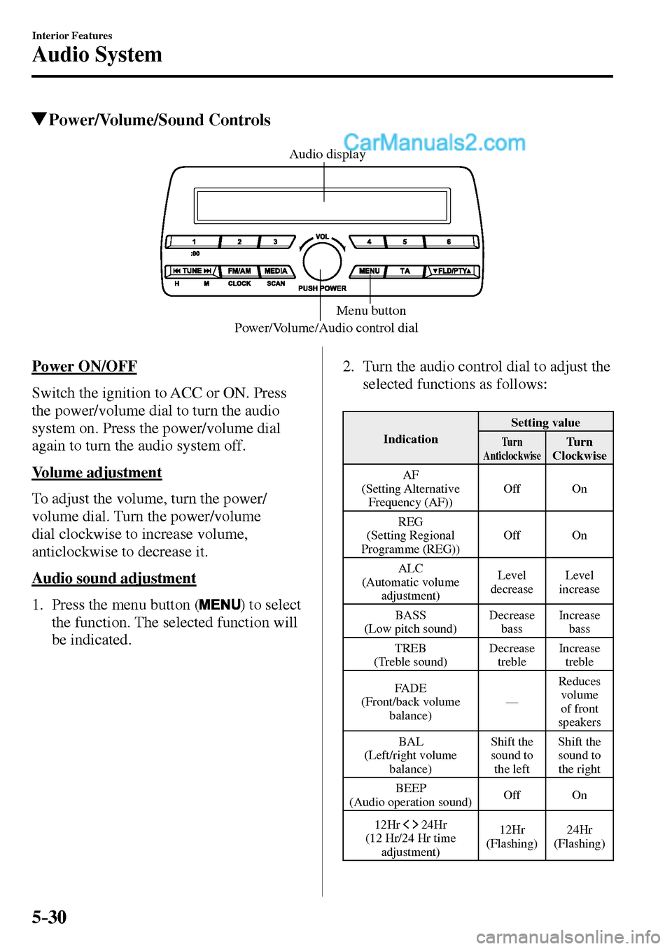 MAZDA MODEL MX-5 2017  Owners Manual - RHD (UK, Australia) (in English) 5–30
Interior Features
Audio System
 Power/Volume/Sound  Controls
Power/Volume/Audio control dialMenu button Audio display
    Power  ON/OFF
    Switch the ignition to ACC or ON. Press 
the power/vo