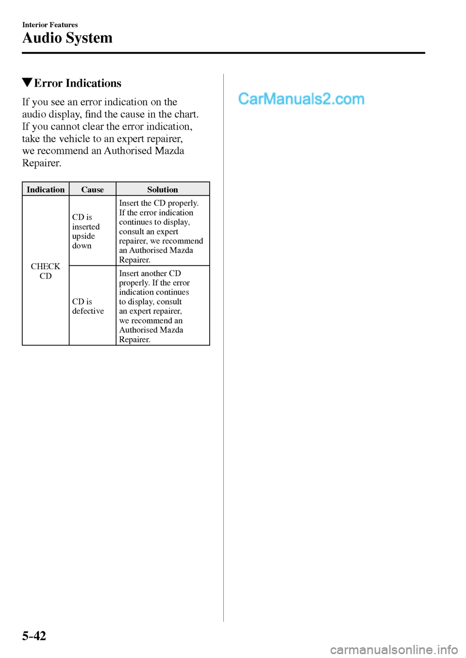 MAZDA MODEL MX-5 2017  Owners Manual - RHD (UK, Australia) (in English) 5–42
Interior Features
Audio System
 Error  Indications
    If you see an error indication on the 
audio display, �¿ nd the cause in the chart. 
If you cannot clear the error indication, 
take the 