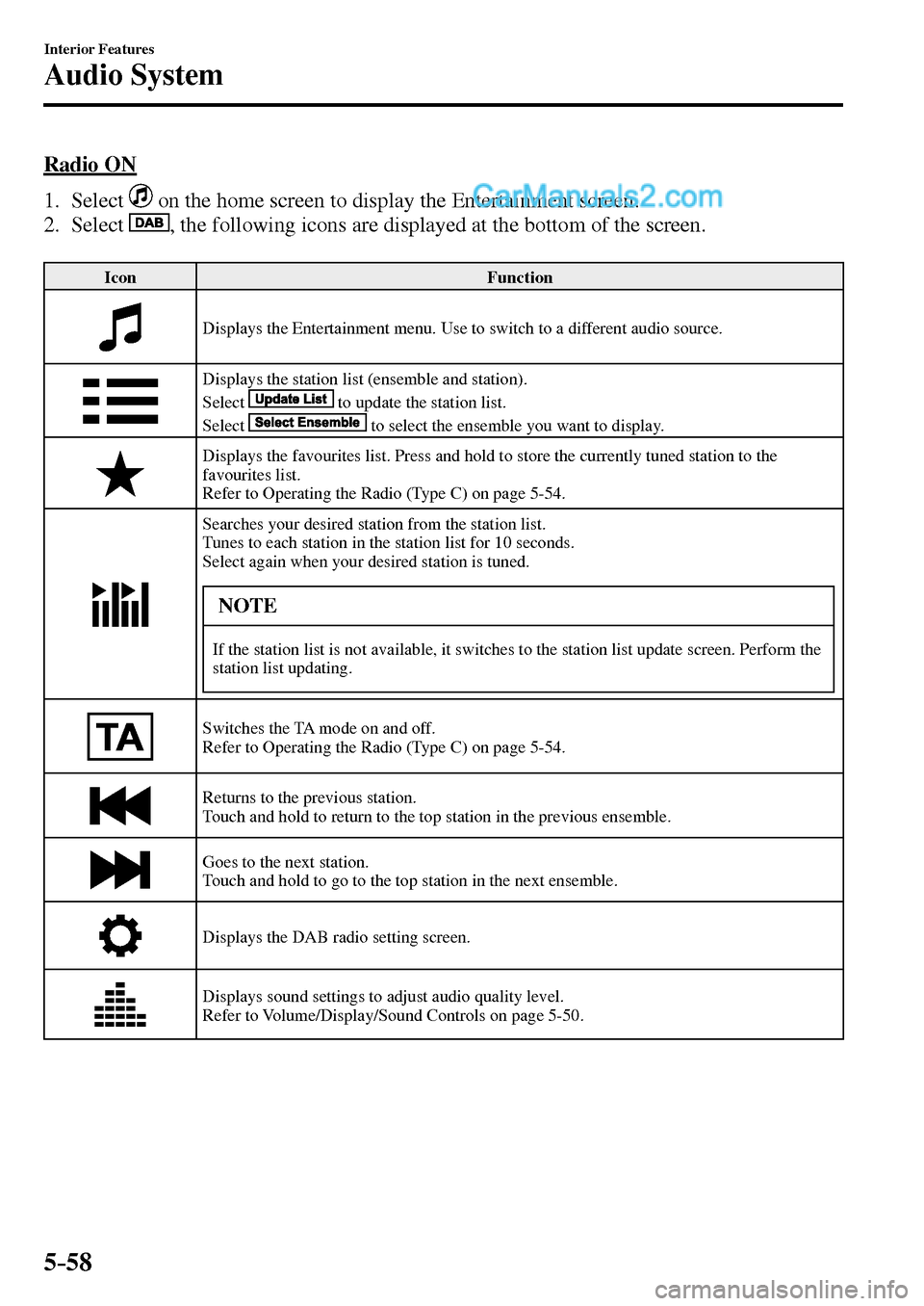 MAZDA MODEL MX-5 2017 Owners Manual - RHD (UK, Australia) (in English) 5–58
Interior Features
Audio System
Radio ON
1. Select
on the home screen to display the Entertainment screen.
2. Select
, the following icons are displayed at the bottom of MAZDA MODEL MX-5 2017 Owners Manual - RHD (UK, Australia) (in English) 5–58
Interior Features
Audio System
Radio ON
1. Select
on the home screen to display the Entertainment screen.
2. Select
, the following icons are displayed at the bottom of