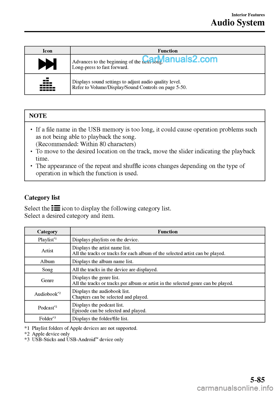 MAZDA MODEL MX-5 2017  Owners Manual - RHD (UK, Australia) (in English) 5–85
Interior Features
Audio System
 Icon   Function 
 Advances to the beginning of the next song.
  Long-press to fast forward. 
 Displays sound settings to adjust audio quality level.
  Refer to V