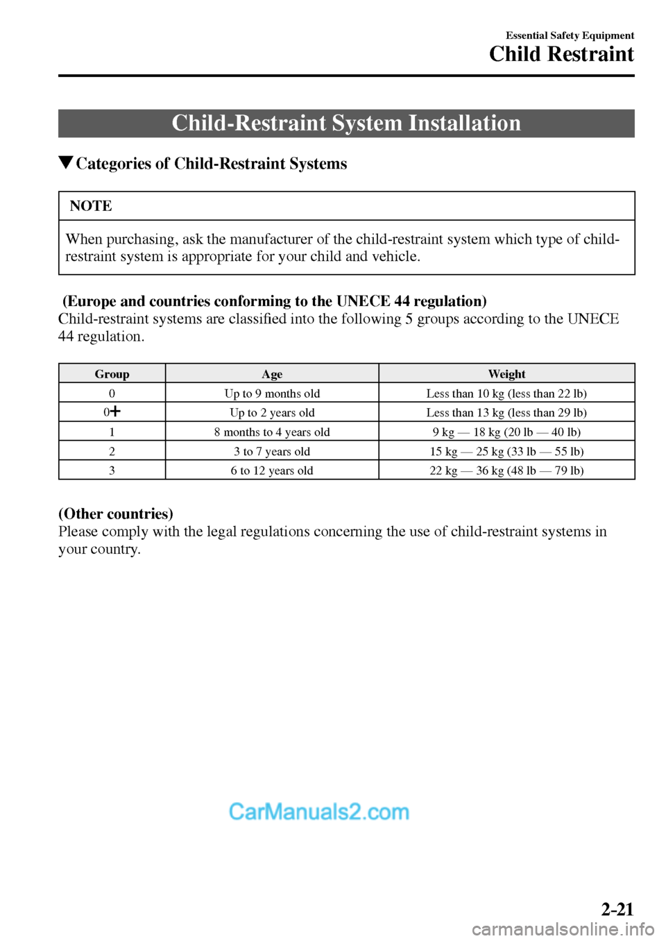 MAZDA MODEL MX-5 2017   - RHD (UK, Australia) (in English) Service Manual 2–21
Essential Safety Equipment
Child Restraint
 Child-Restraint System Installation
 Categories of Child-Restraint Systems
 NOTE
 When purchasing, ask the manufacturer of the child-restraint system