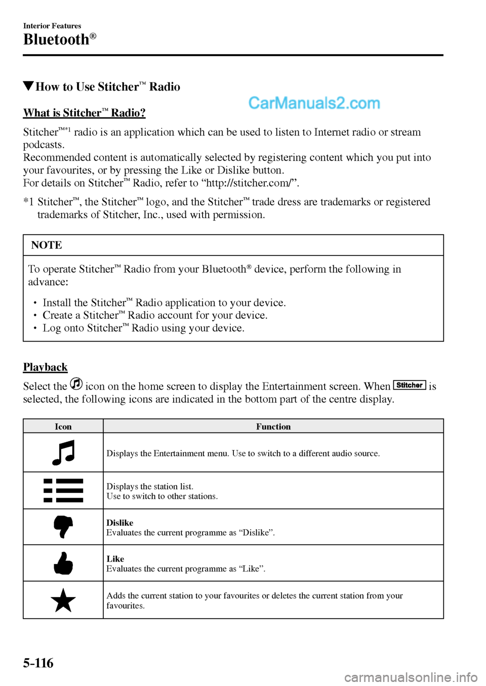 MAZDA MODEL MX-5 2017  Owners Manual - RHD (UK, Australia) (in English) 5–116
Interior Features
Bluetooth®
 How to Use Stitcher™ Radio
    What  is  Stitcher™ Radio?
    Stitcher
™*1  radio is an application which can be used to listen to Internet radio or stream