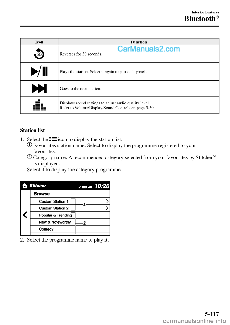 MAZDA MODEL MX-5 2017 Owners Manual - RHD (UK, Australia) (in English) 5–117
Interior Features
Bluetooth®
Icon Function
Reverses for 30 seconds.
Plays the station. Select it again to pause playback.
Goes to the next station.
Displays sound settings to adjus MAZDA MODEL MX-5 2017 Owners Manual - RHD (UK, Australia) (in English) 5–117
Interior Features
Bluetooth®
Icon Function
Reverses for 30 seconds.
Plays the station. Select it again to pause playback.
Goes to the next station.
Displays sound settings to adjus