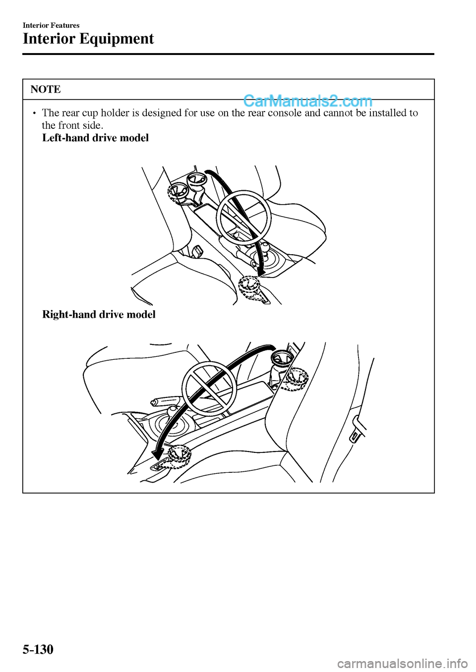 MAZDA MODEL MX-5 2017  Owners Manual - RHD (UK, Australia) (in English) 5–130
Interior Features
Interior Equipment
 NOTE
� � ��  The rear cup holder is designed for use on the rear console and cannot be installed to 
the front side. 
�Left-hand drive model�
�Right
