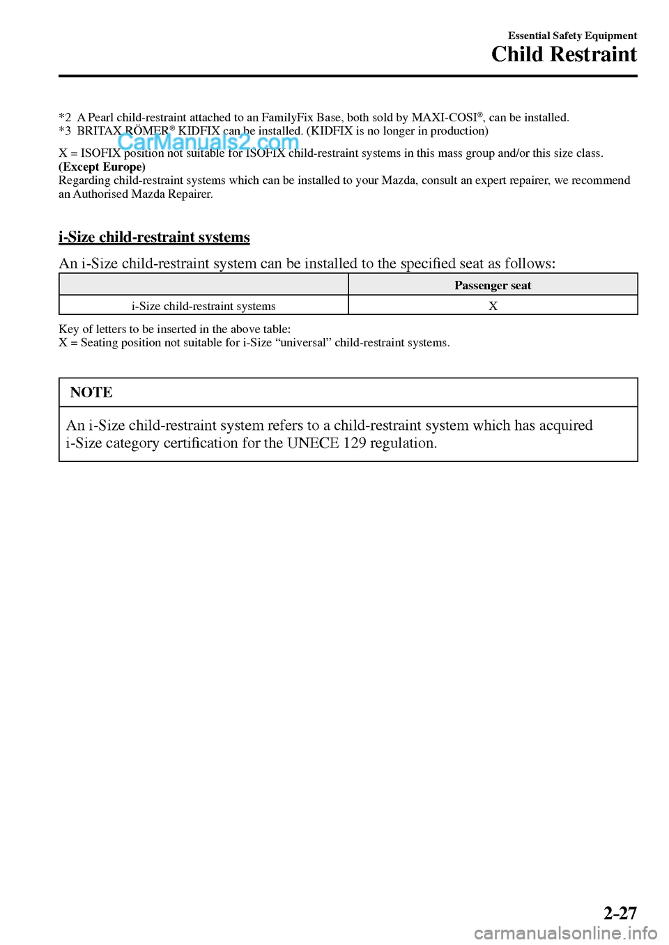 MAZDA MODEL MX-5 2017   - RHD (UK, Australia) (in English) Service Manual 2–27
Essential Safety Equipment
Child Restraint
   *2   A Pearl child-restraint attached to an FamilyFix Base, both sold by MAXI-COSI ® , can be installed.
   *3   BRITAX  RÖMER ®  KIDFIX can be 