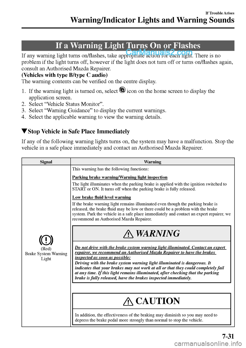 MAZDA MODEL MX-5 2017  Owners Manual - RHD (UK, Australia) (in English) 7–31
If Trouble Arises
Warning/Indicator Lights and Warning Sounds
      If  a  Warning  Light  Turns  On  or  Flashes
            If  any  warning  light  turns  on/�À ashes, take appropriate acti