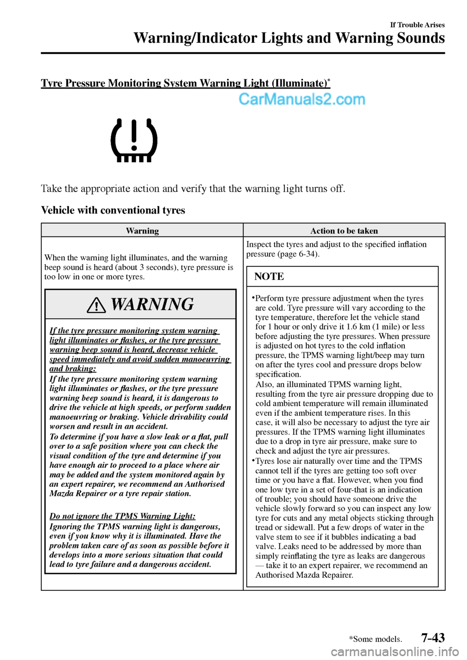 MAZDA MODEL MX-5 2017  Owners Manual - RHD (UK, Australia) (in English) 7–43
If Trouble Arises
Warning/Indicator Lights and Warning Sounds
*Some models.
  Tyre Pressure Monitoring System Warning Light (Illuminate) *
  Take the appropriate action and verify that the warn