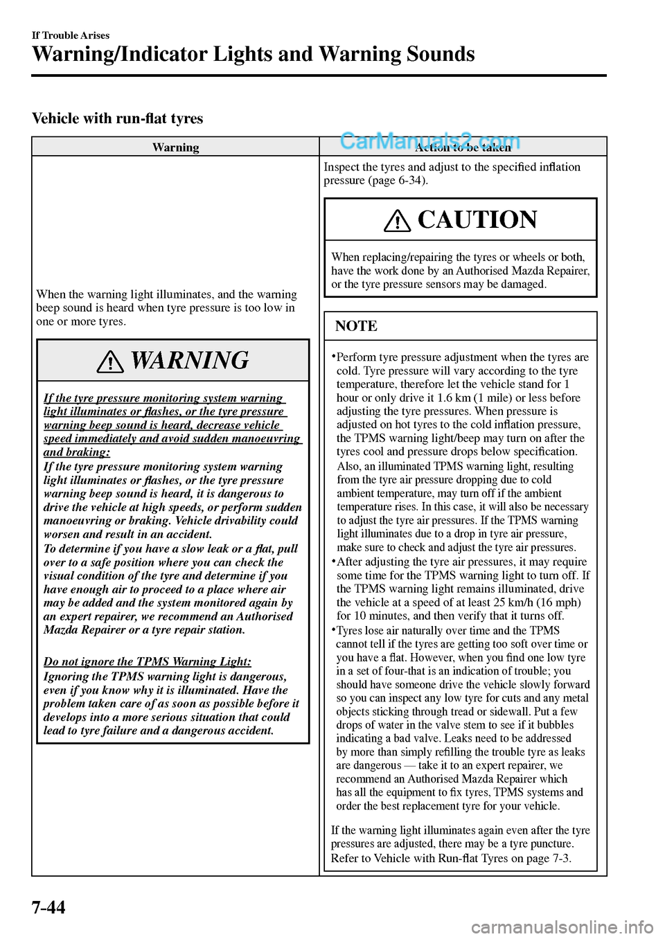 MAZDA MODEL MX-5 2017  Owners Manual - RHD (UK, Australia) (in English) 7–44
If Trouble Arises
Warning/Indicator Lights and Warning Sounds
  Vehicle  with  run-�À at tyres
 Warning   Action to be taken 
 When the warning light illuminates, and the warning 
beep sound i