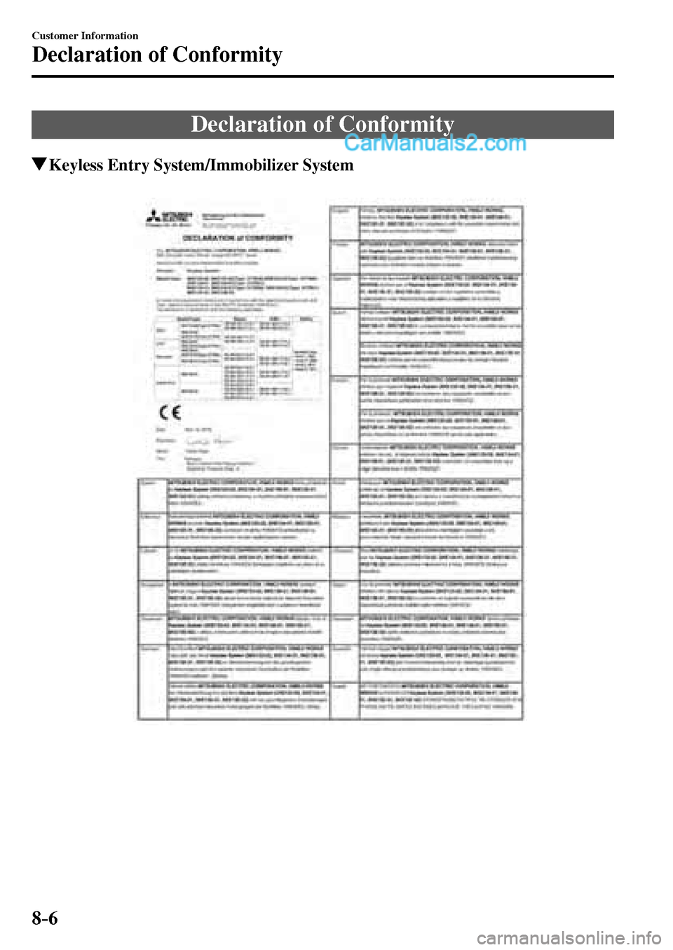 MAZDA MODEL MX-5 2017  Owners Manual - RHD (UK, Australia) (in English) 8–6
Customer Information
Declaration of Conformity
      Declaration  of  Conformity
 Keyless Entry System/Immobilizer System
�/�:���A��(�.��������,�A��F�K�V�K�Q�P���K�P�F�D������
