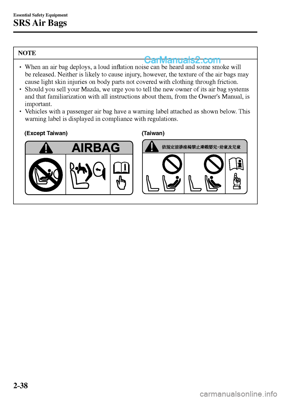 MAZDA MODEL MX-5 2017   - RHD (UK, Australia) (in English) Workshop Manual 2–38
Essential Safety Equipment
SRS Air  Bags
 NOTE
� � ��  When an air bag deploys, a loud in�À ation noise can be heard and some smoke will 
be released. Neither is likely to cause injury, how
