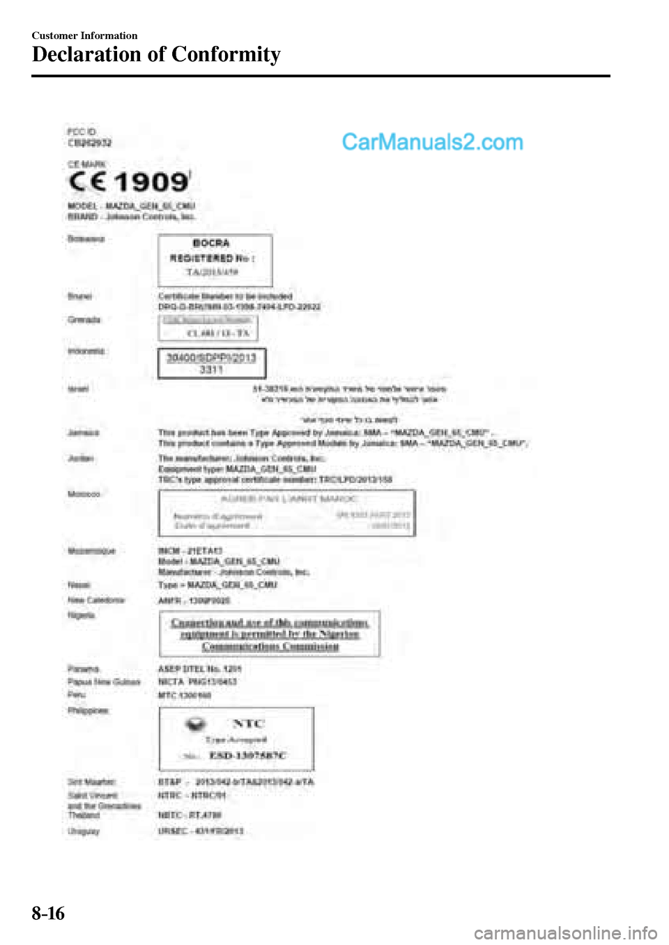 MAZDA MODEL MX-5 2017  Owners Manual - RHD (UK, Australia) (in English) 8–16
Customer Information
Declaration of Conformity
�/�:���A��(�.��������,�A��F�K�V�K�Q�P���K�P�F�D��������������������������  