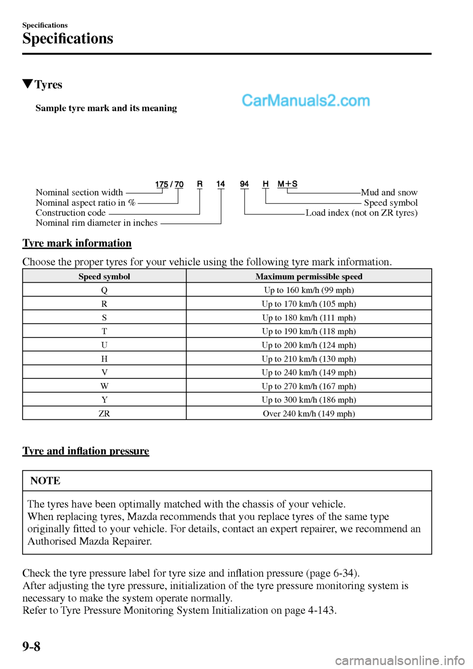 MAZDA MODEL MX-5 2017  Owners Manual - RHD (UK, Australia) (in English) 9–8
Speci�¿ cations
Speci�¿ cations
 Ty r e s
Sample tyre mark and its meaning
Nominal section width
Nominal aspect ratio in %
Construction codeMud and snow
Speed symbol
Load index (not on ZR tyre