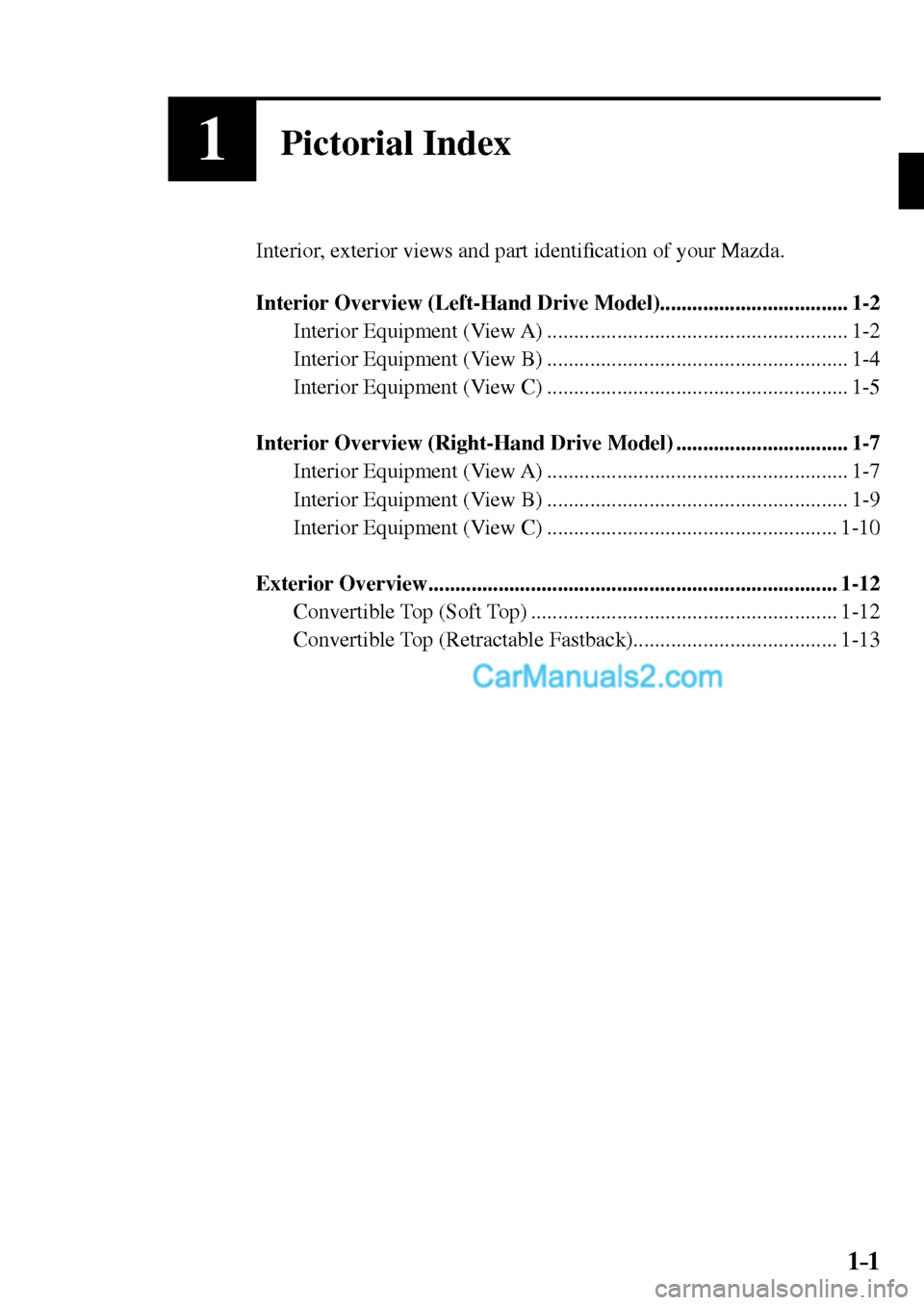 MAZDA MODEL MX-5 2017  Owners Manual - RHD (UK, Australia) (in English) 1–1 1–1
1Pictorial Index
  Interior, exterior views and part identi�¿ cation of your Mazda.
   Interior Overview (Left-Hand Drive Model)...................................  1-2 
  Interior  Equip