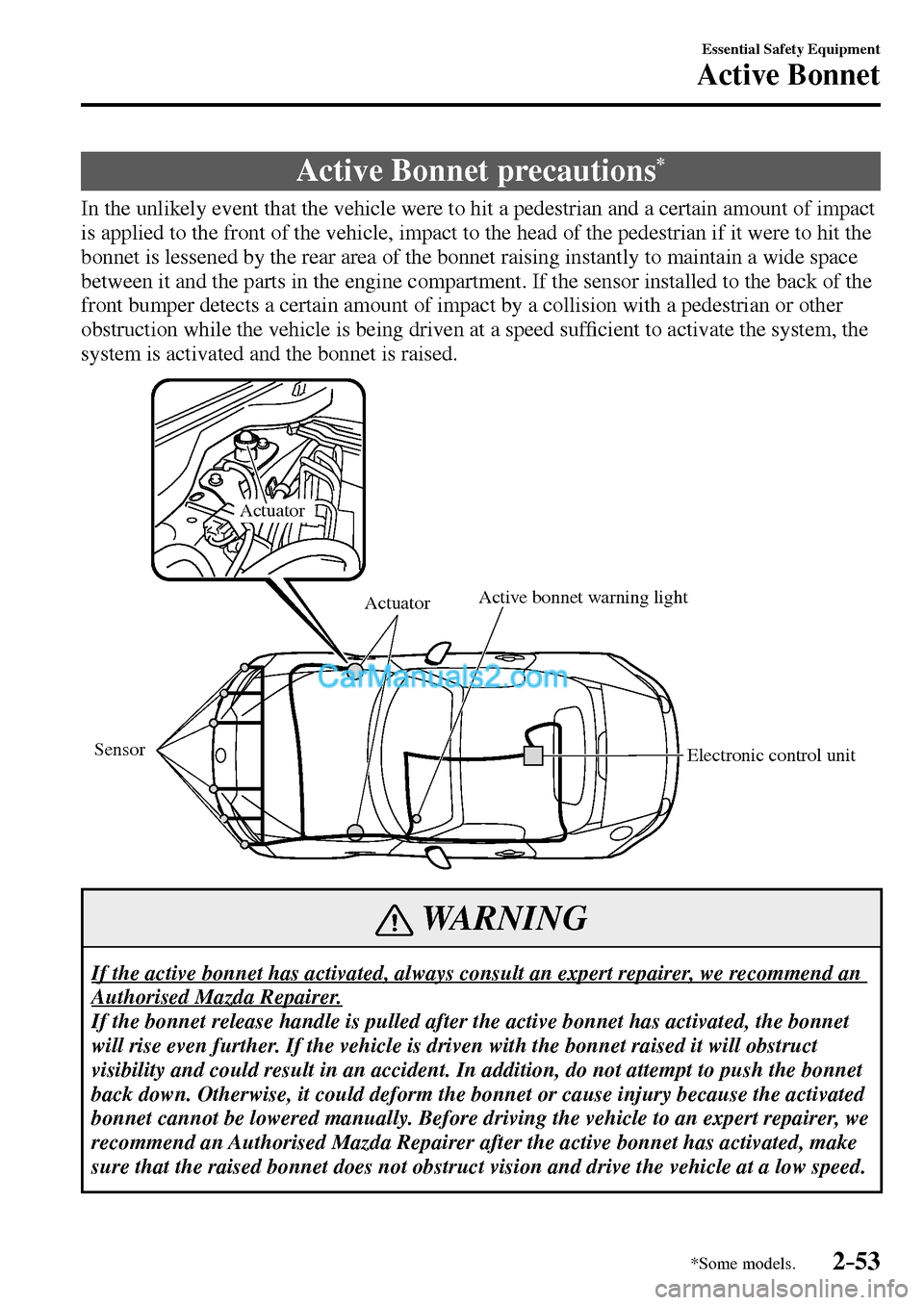 MAZDA MODEL MX-5 2017  Owners Manual - RHD (UK, Australia) (in English) 2–53
Essential Safety Equipment
Active Bonnet
*Some models.
      Active  Bonnet  precautions *
    In the unlikely event that the vehicle were to hit a pedestrian and a certain amount of impact 
is