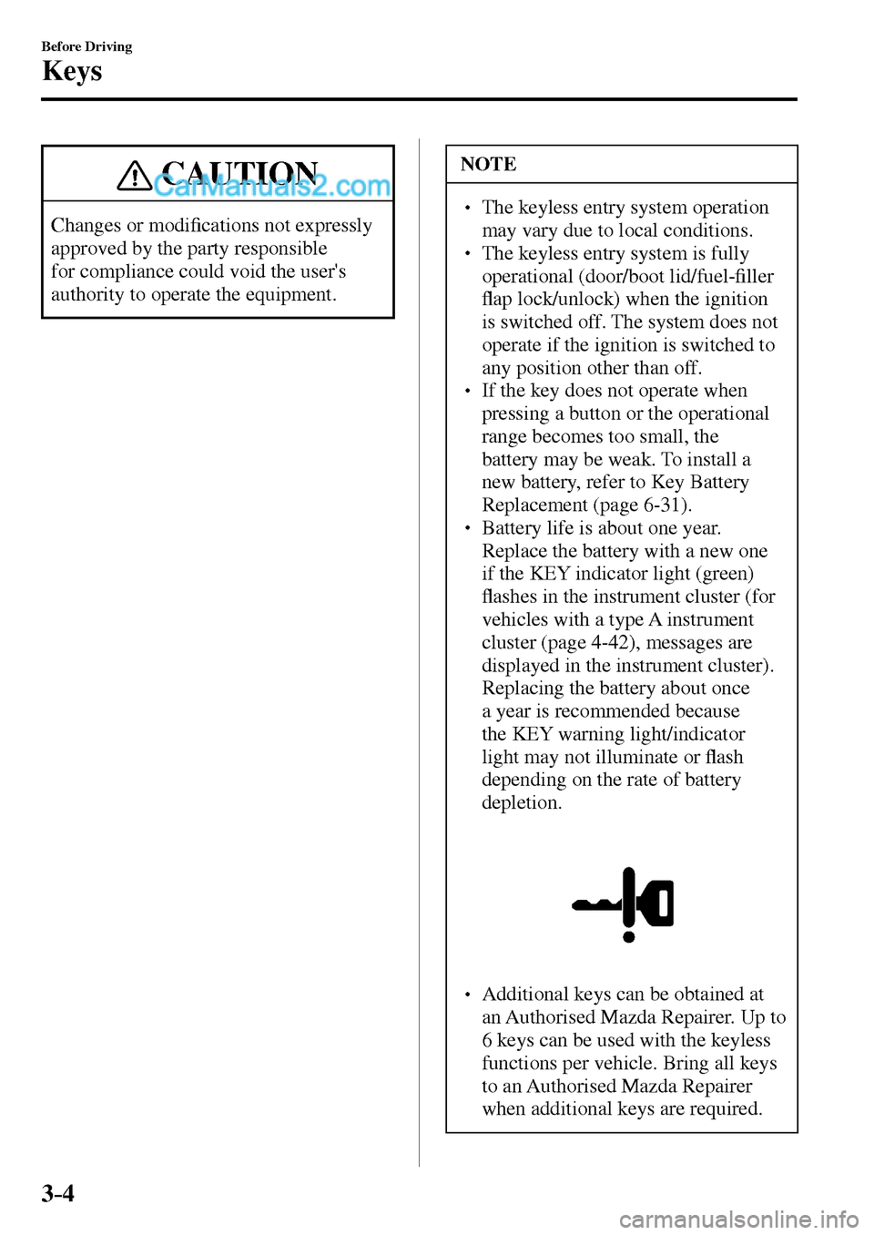 MAZDA MODEL MX-5 2017   - RHD (UK, Australia) (in English) Manual PDF 3–4
Before Driving
Keys
 CAUTION
 Changes or modi�¿ cations not expressly 
approved by the party responsible 
for compliance could void the users 
authority to operate the equipment. 
 NOTE
� � �