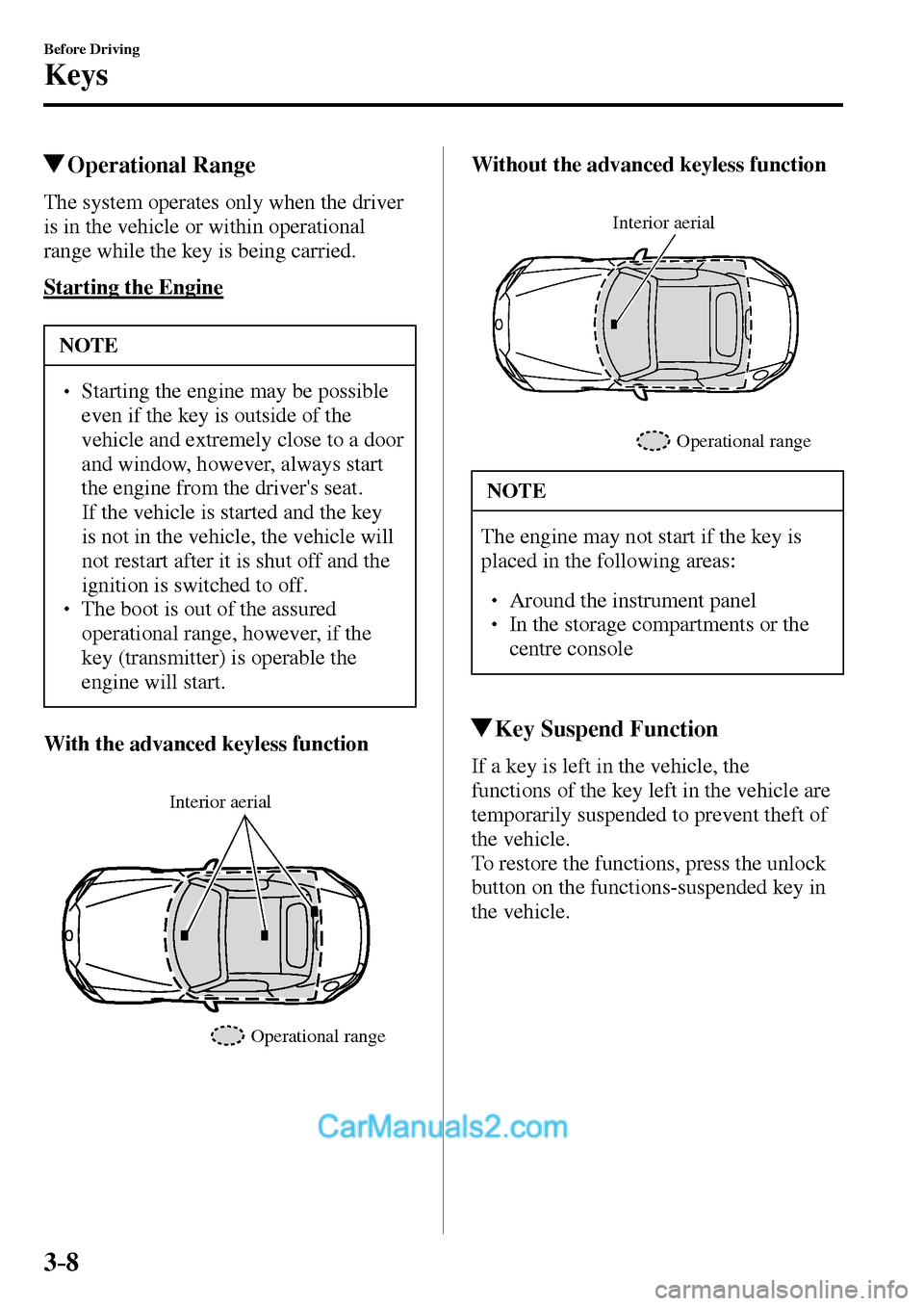 MAZDA MODEL MX-5 2017  Owners Manual - RHD (UK, Australia) (in English) 3–8
Before Driving
Keys
 Operational  Range
    The system operates only when the driver 
is in the vehicle or within operational 
range while the key is being carried.
  Starting  the  Engine
 NOTE