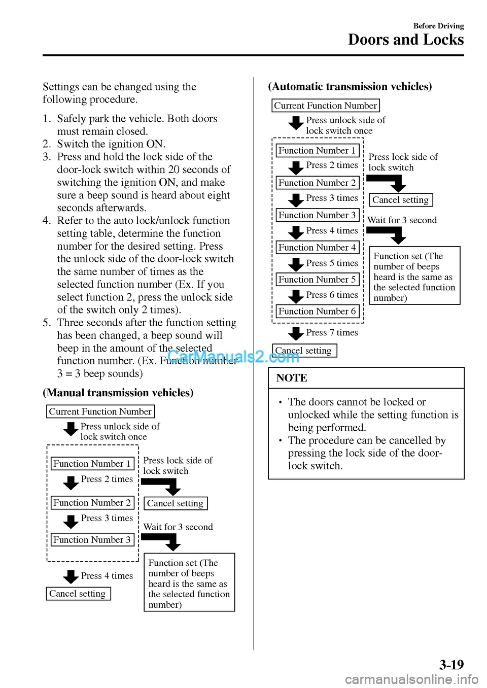 MAZDA MODEL MX-5 2017   - RHD (UK, Australia) (in English) Owners Manual 3–19
Before Driving
Doors and Locks
  Settings can be changed using the 
following procedure.
   1.   Safely park the vehicle. Both doors 
must remain closed.
   2.   Switch  the  ignition  ON.
   3
