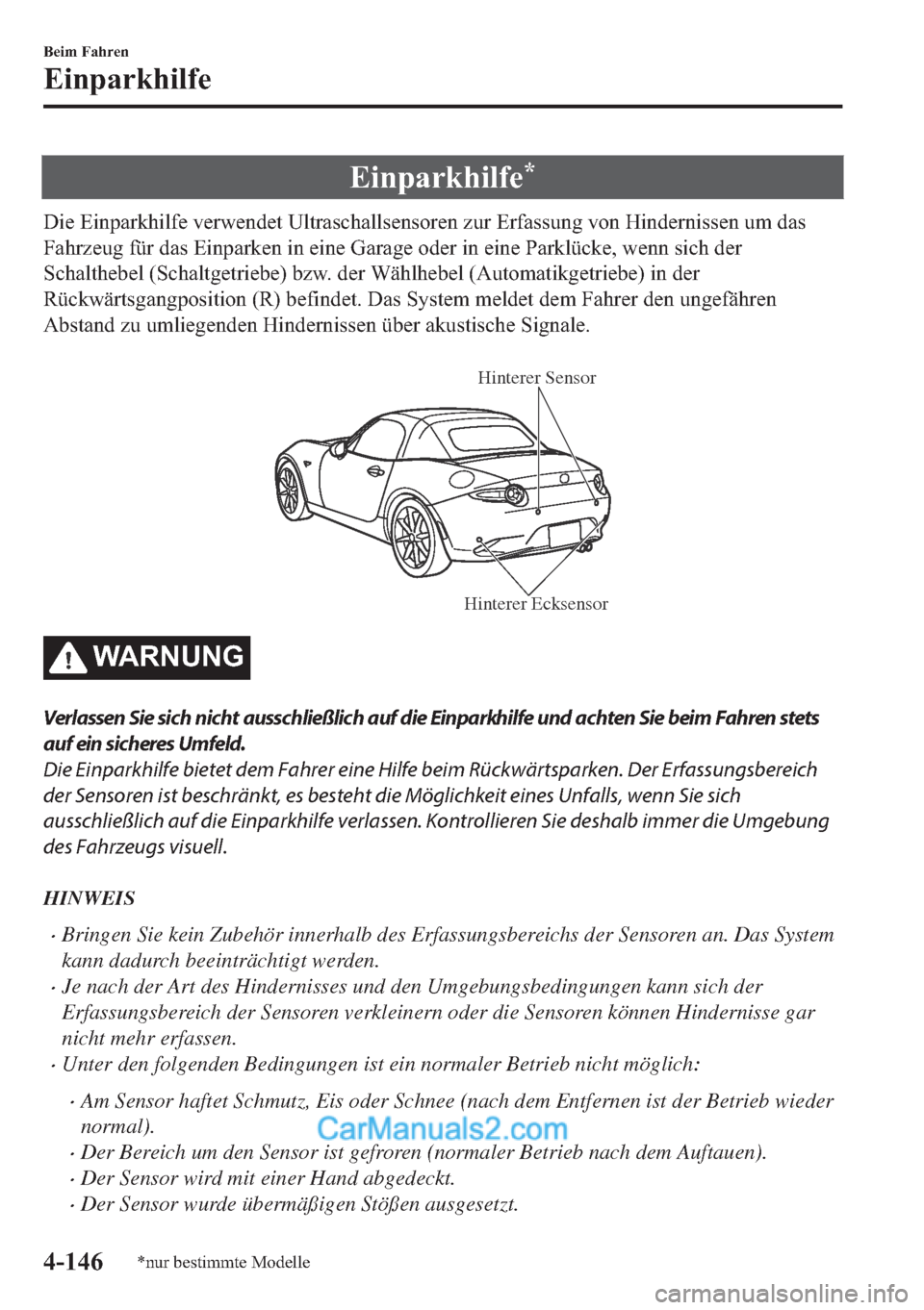 MAZDA MODEL MX-5 2017  Betriebsanleitung (in German) �(�L�Q�S�D�U�N�K�L�O�I�H�
��L�H��(�L�Q�S�D�U�N�K�L�O�I�H��Y�H�U�Z�H�Q�G�H�W��8�O�W�U�D�V�F�K�D�O�O�V�H�Q�V�R�U�H�Q��]�X�U��(�U�I�D�V�V�X�Q�J��Y�R�Q��+�L�Q�G�H�U�Q�L�V�V�H�Q��X�P��G�D�V
�)�D